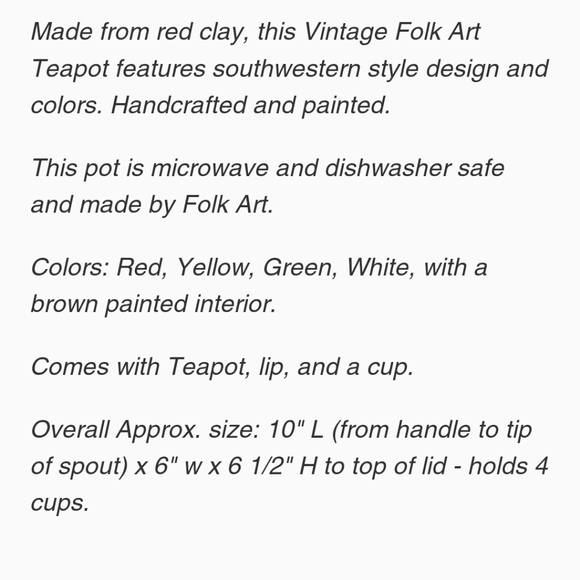 Vintage Folk Art Handcrafted and Painted Southwestern Design Teapot - Picture 8 of 8